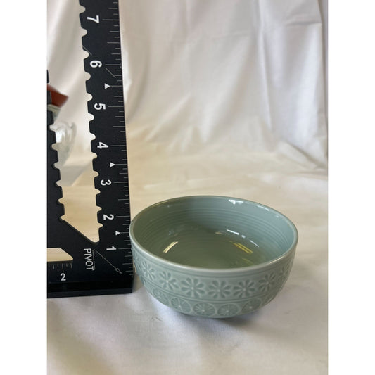 Small Green Ceramic Bowl With Floral Embossed Design