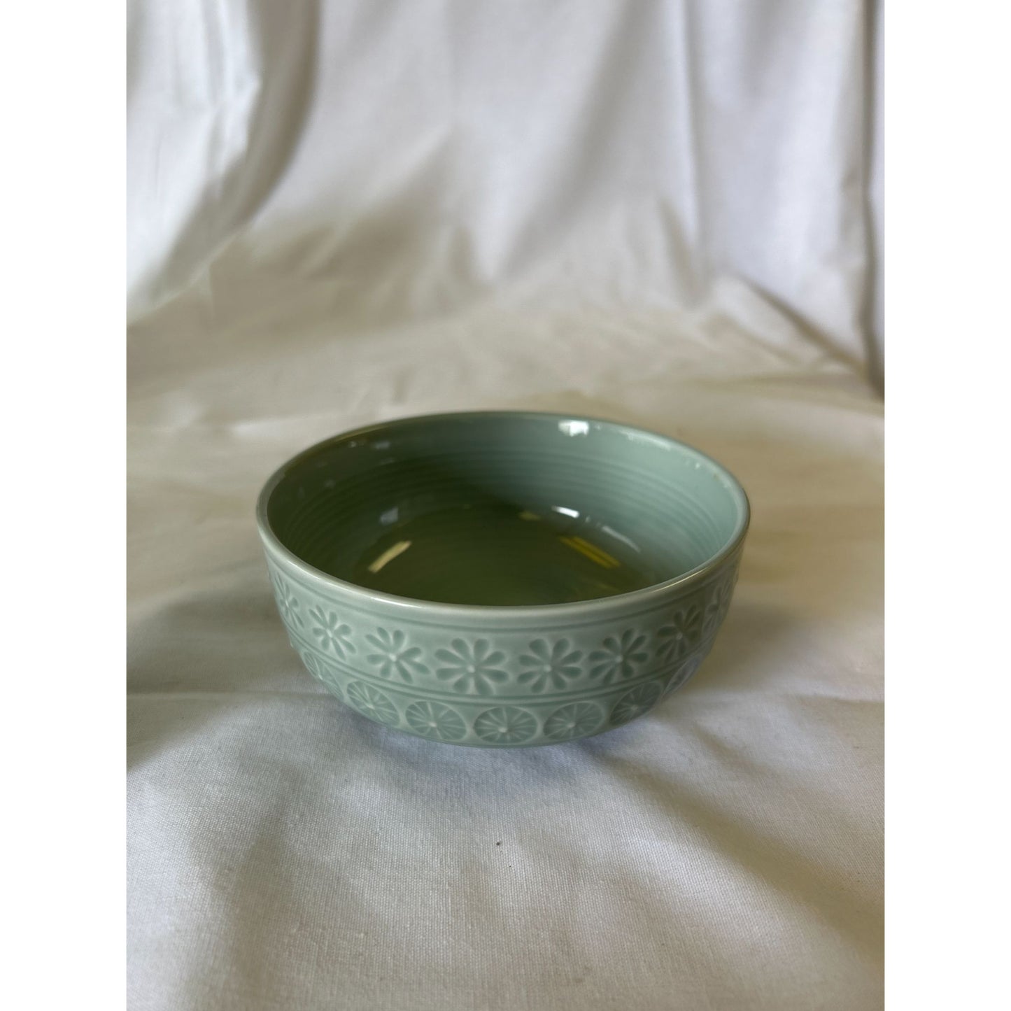Small Green Ceramic Bowl With Floral Embossed Design