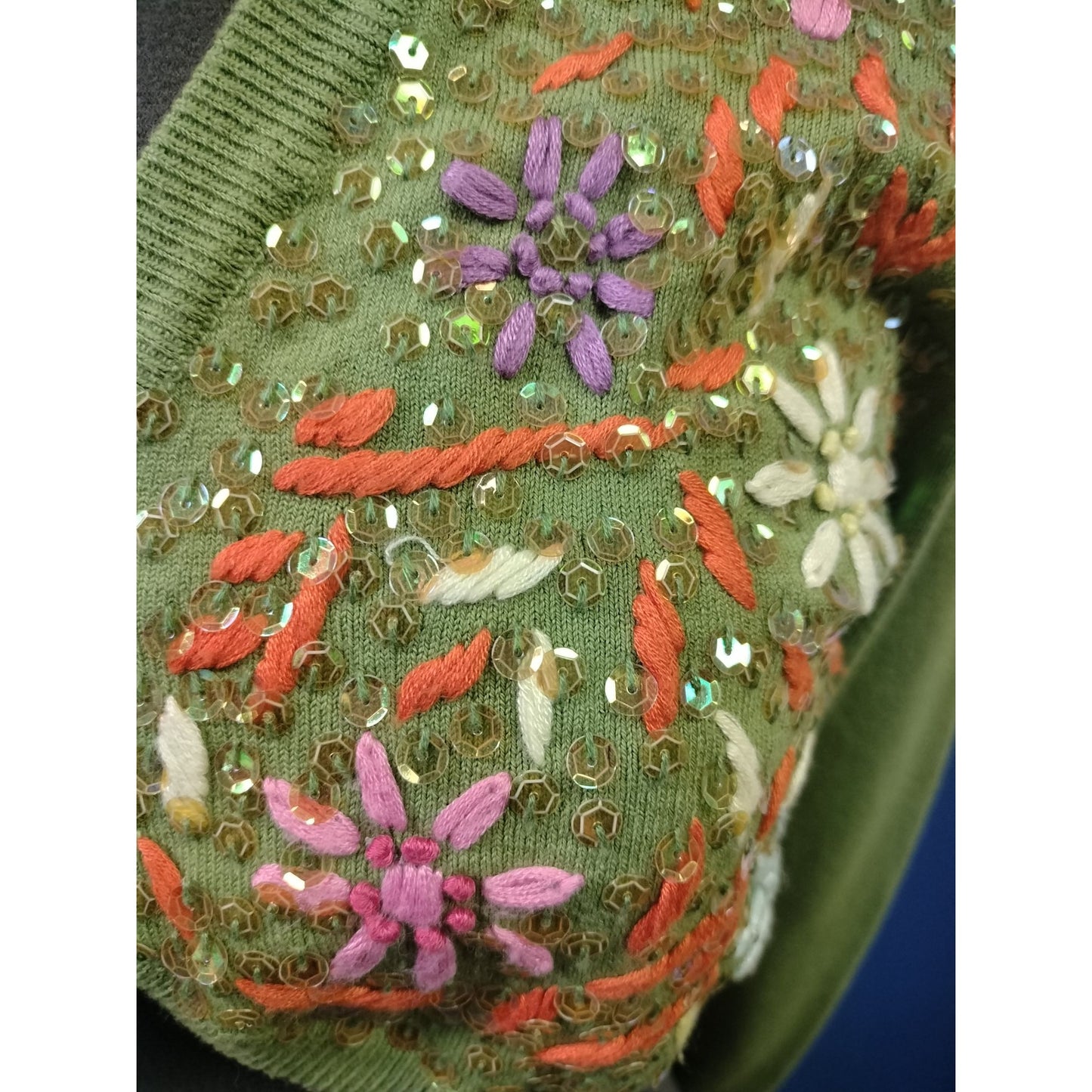 Vintage Green Cropped Cardigan With Embroidered Floral Sequin Design