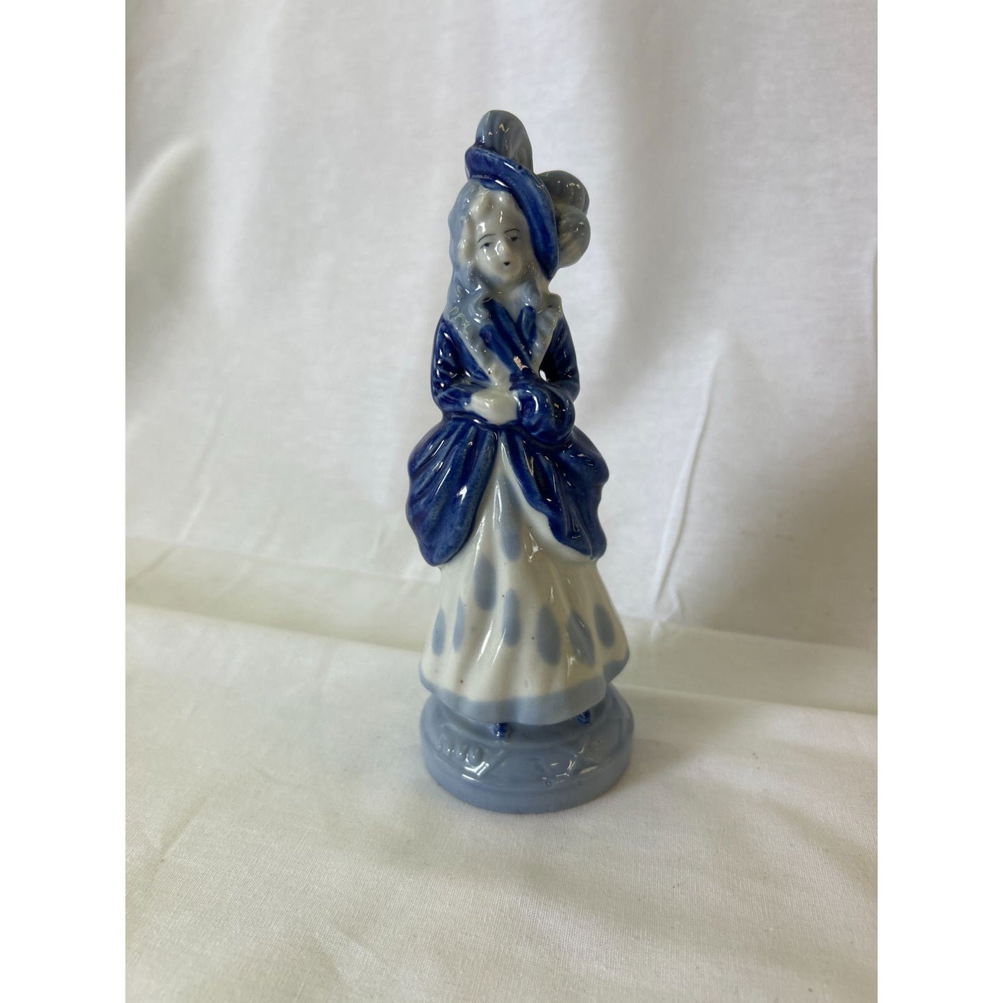 Vintage Blue & White Ceramic Figurine Of Woman Holding Fan