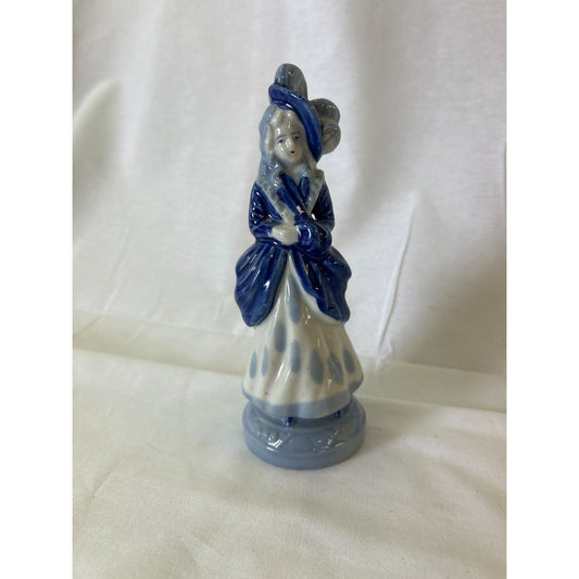 Vintage Blue & White Ceramic Figurine Of Woman Holding Fan