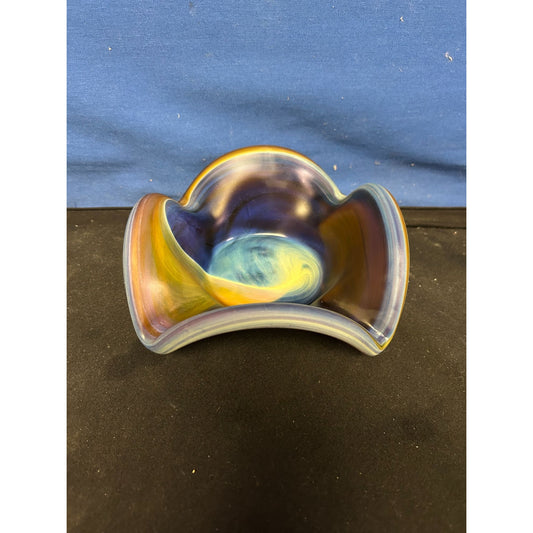Handcrafted Multicolor Swirled Glass Bowl Curved Wave Design Decorative Home Accent Approx. 6" Wide