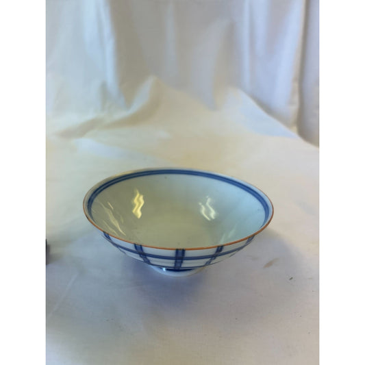 Vintage Blue & White Arita Ware Ceramic Bowls With Orange Rim Accents - Set of 2