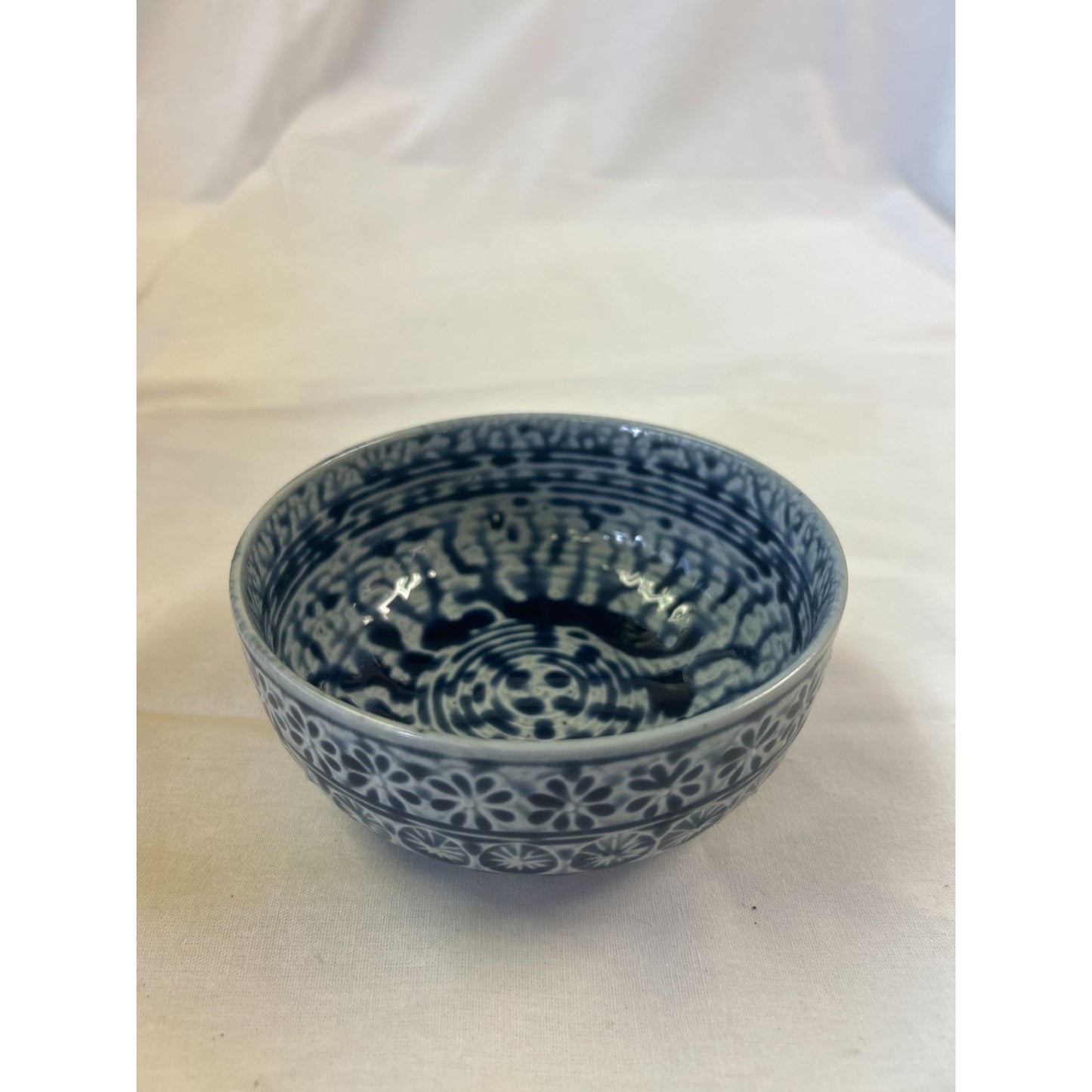Handmade Blue & White Ceramic Bowl With Floral & Wave Patterns