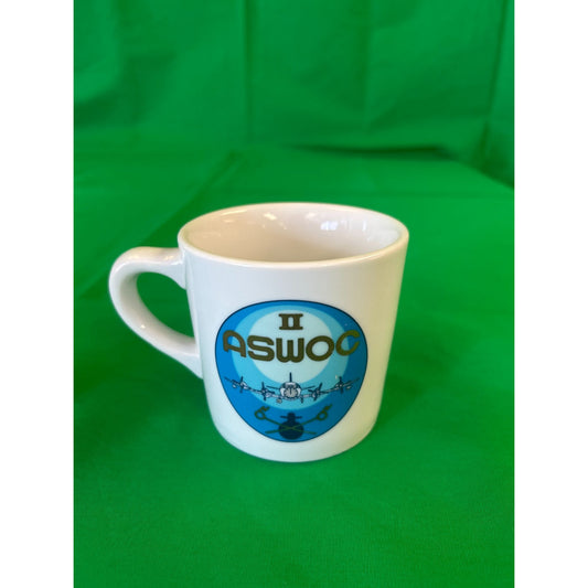 ASWOC II Ceramic Coffee Mug Blue & White Design 3" Tall Vintage Collectible