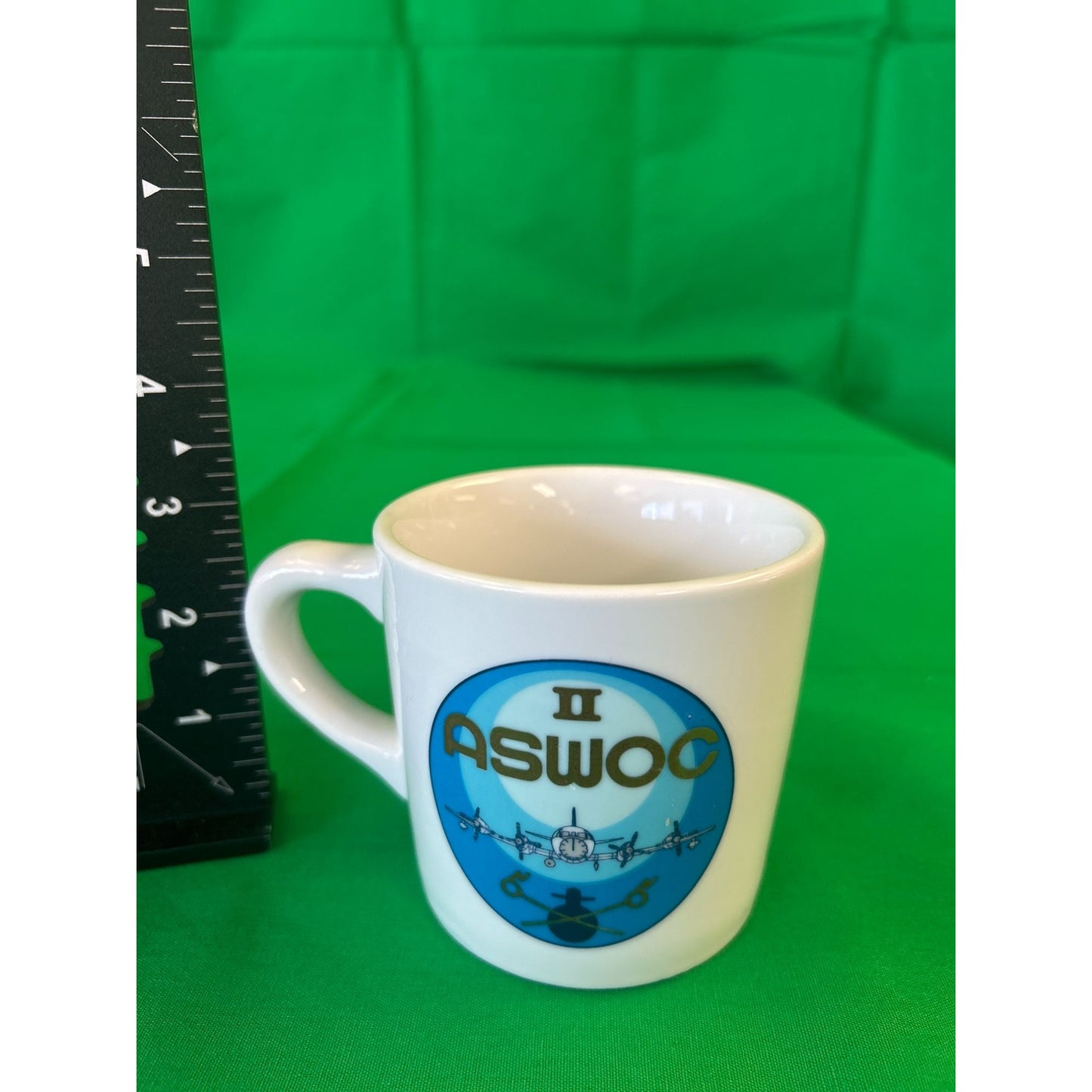 ASWOC II Ceramic Coffee Mug Blue & White Design 3" Tall Vintage Collectible