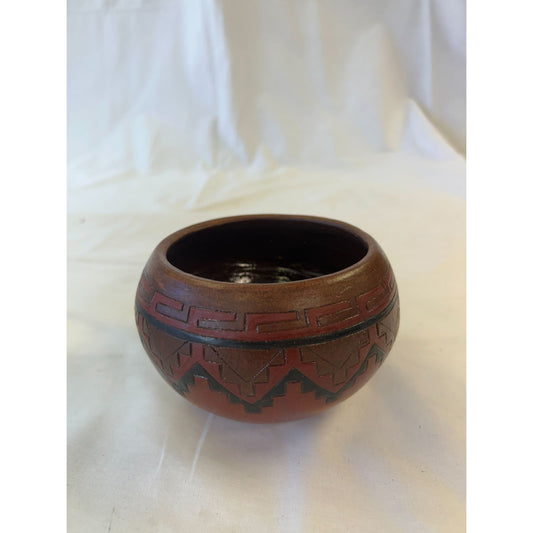 Handcrafted Navajo Clay Pot With Geometric Patterns - Red & Brown Finish - 3.5" Diameter