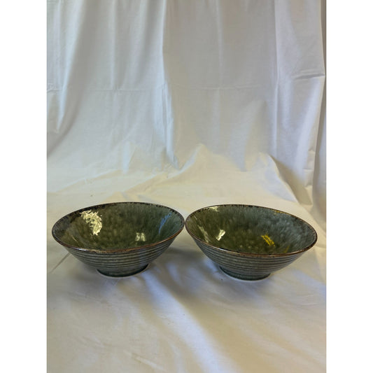 Set Of 2 Green Ceramic Bowls Handmade 6" Diameter Decorative & Functional