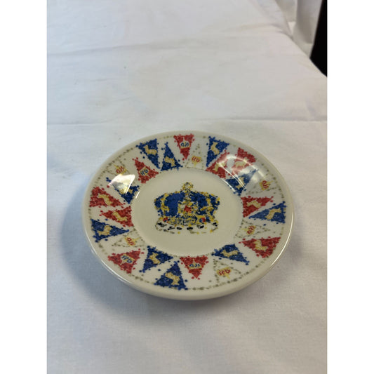 Vintage Queen Elizabeth II Coronation Commemorative Saucer Plate 1953 Red/Blue/Gold Union Jack Design