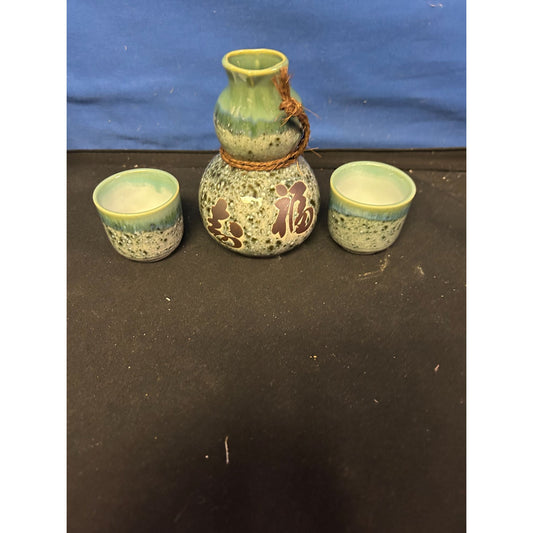 Handcrafted Ceramic Sake Set With Rustic Green & Blue Glaze Finish