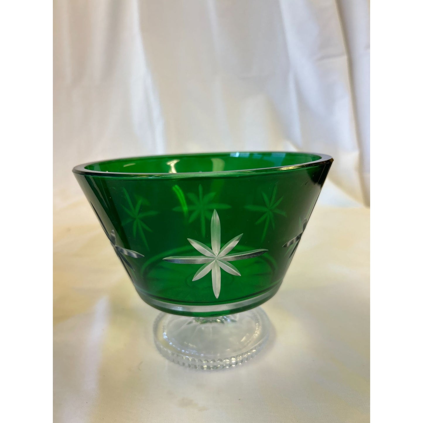 Vintage Green Glass Bowl With Starburst Design & Clear Pedestal Base