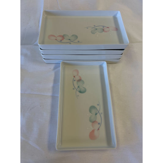 Set Of 5 Rectangular Ceramic Plates With Pastel Floral Design