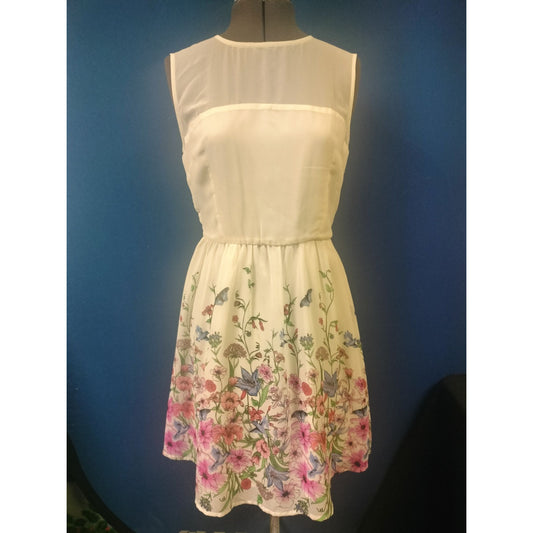 Sleeveless White Floral Dress With Sheer Panel & Zipper Back  Forever 21  Size L  Polyester