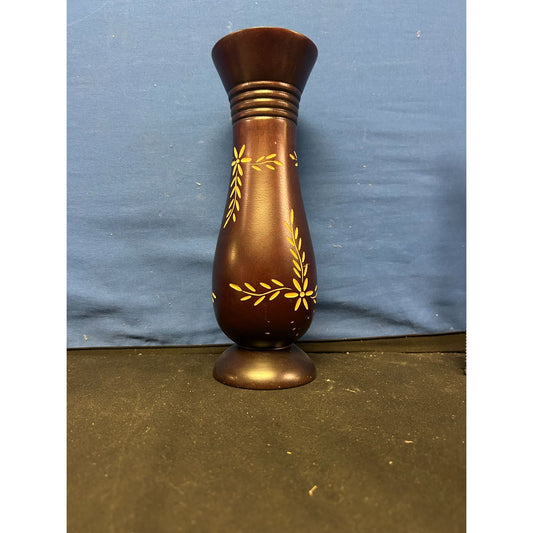 Handcrafted Wooden Vase With Yellow Leaf Design 10" Tall