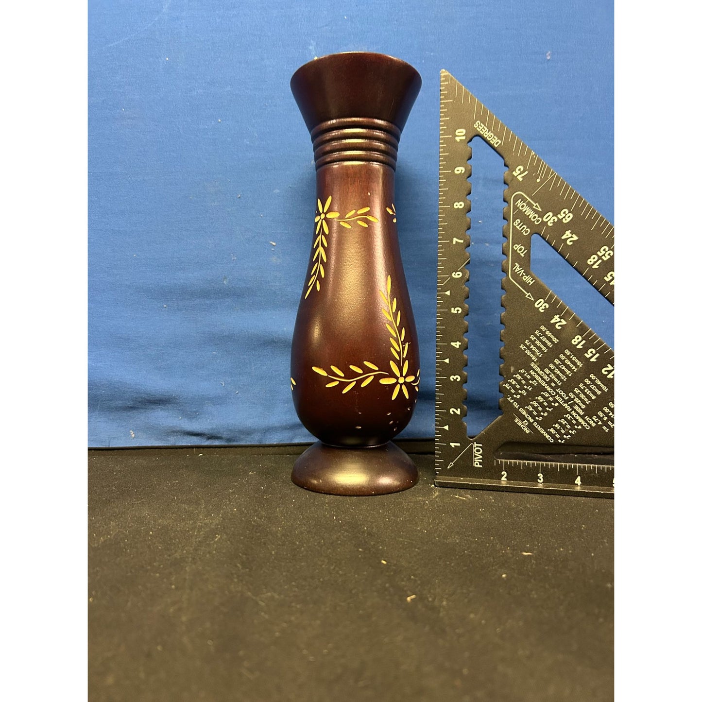 Handcrafted Wooden Vase With Yellow Leaf Design 10" Tall