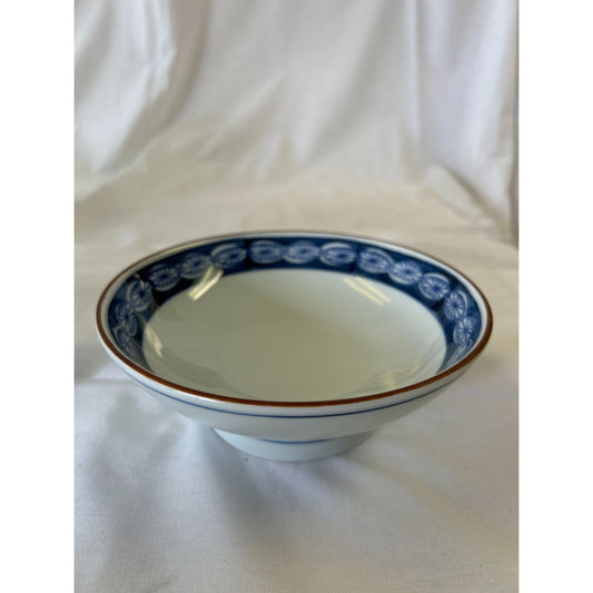 Vintage Blue & White Ceramic Bowl With Floral Rim Design 6-Inch Diameter Decorative Or Functional Use