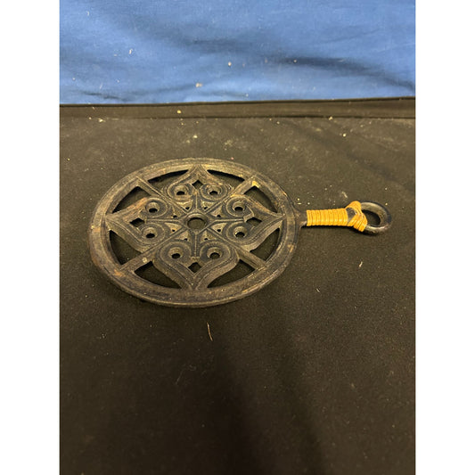 Vintage Cast Iron Trivet With Decorative Design & Twine Handle