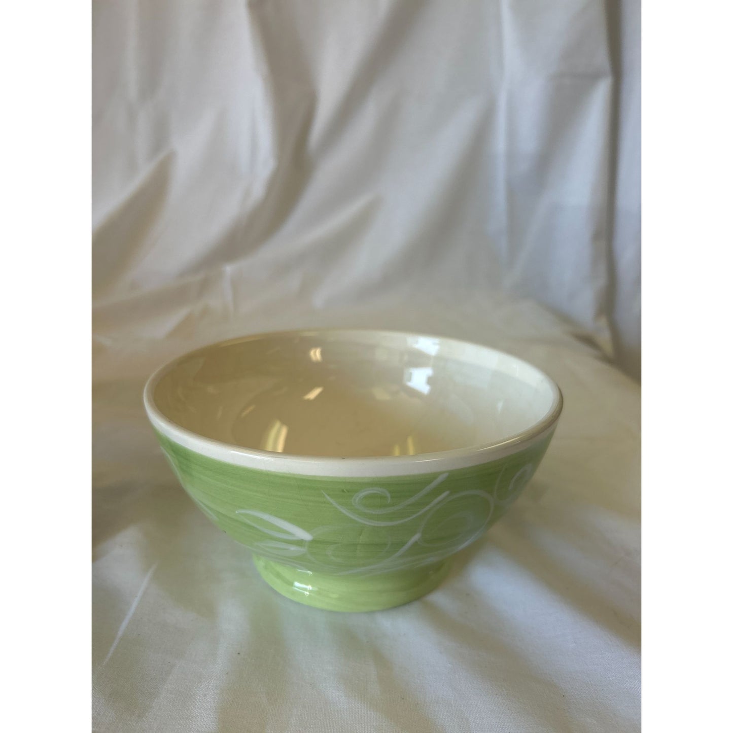 Green & Cream Ceramic Decorative Bowl With Swirl Pattern