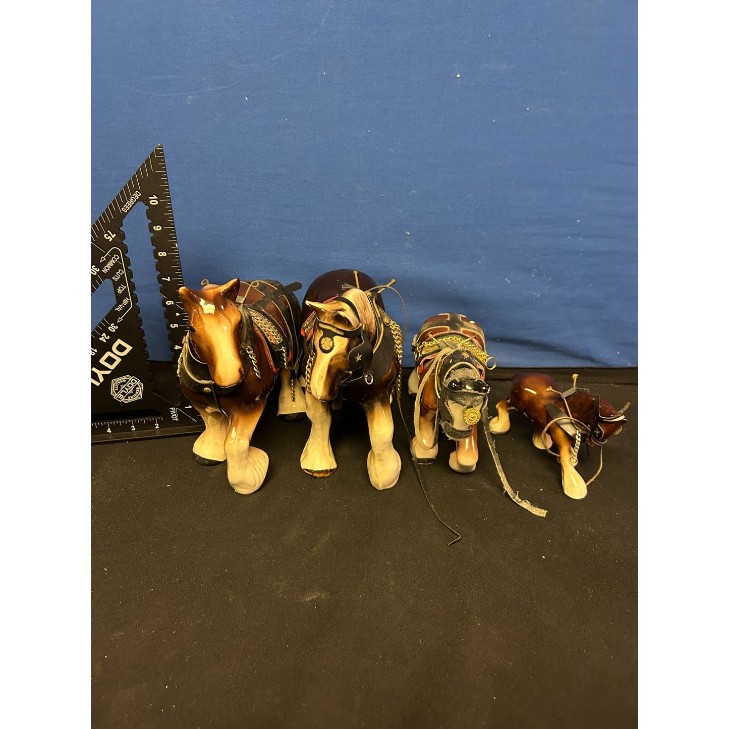 Set Of 4 Vintage Ceramic Horse Figurines With Harness Details By Stenco