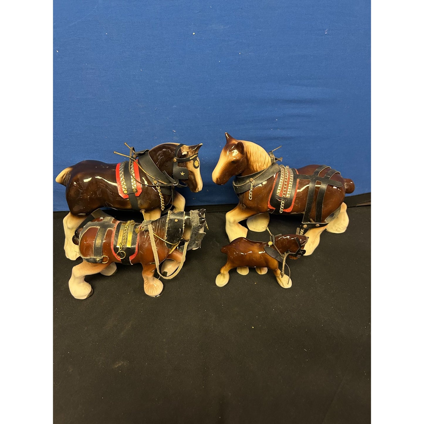 Set Of 4 Vintage Ceramic Horse Figurines With Harness Details By Stenco
