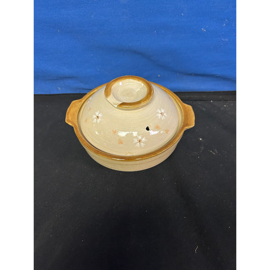 Hand-Painted Ceramic Lidded Casserole Dish With Floral Motif Beige & Brown