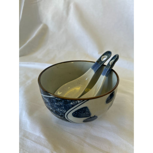 Japanes Blue & White Porcelain Bowl With Matching Spoons