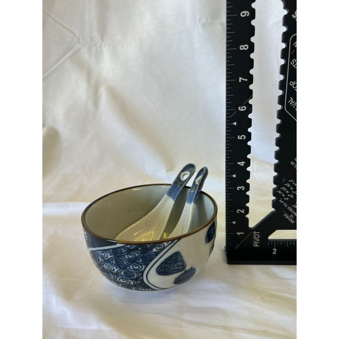 Japanes Blue & White Porcelain Bowl With Matching Spoons