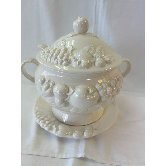 Vintage White Signature Japan Ceramic Soup Tureen With Lid & Plate Fruit Motif 9" Tall Home Décor