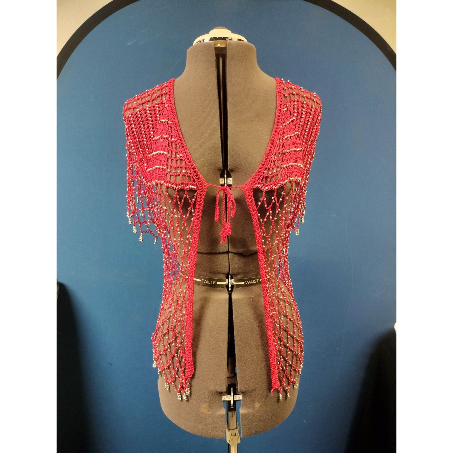 Handmade Red Beaded Open Front Capelet Shawl With Fringe Detailing