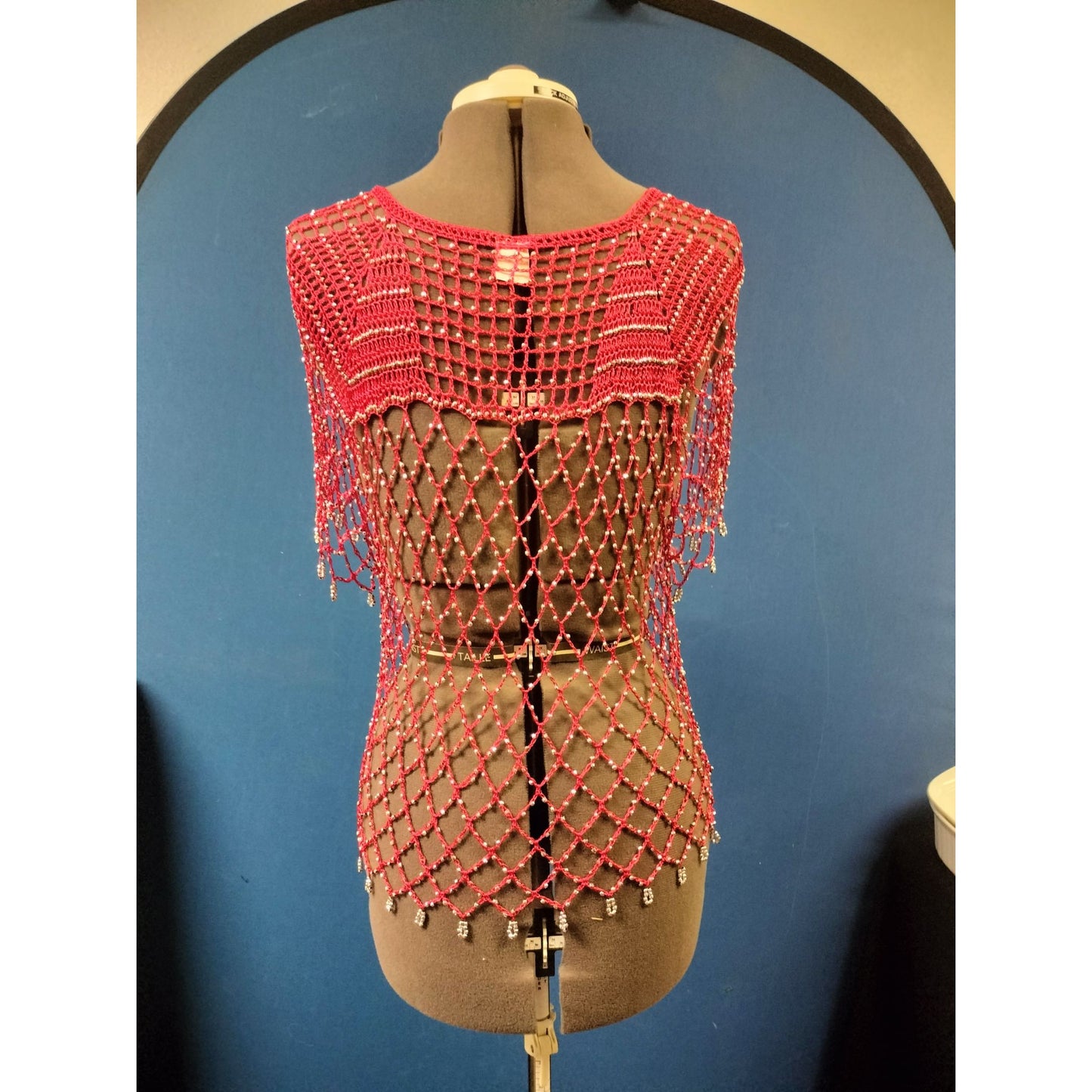 Handmade Red Beaded Open Front Capelet Shawl With Fringe Detailing