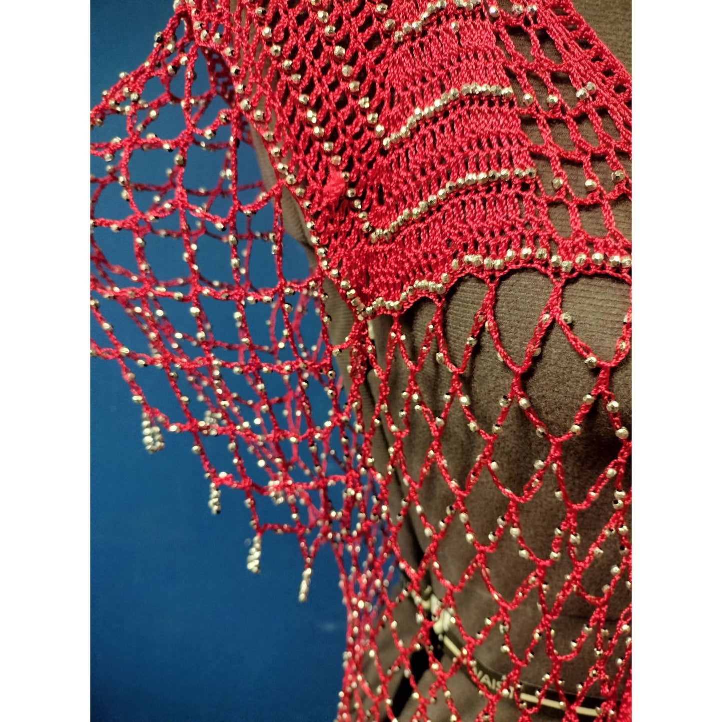 Handmade Red Beaded Open Front Capelet Shawl With Fringe Detailing