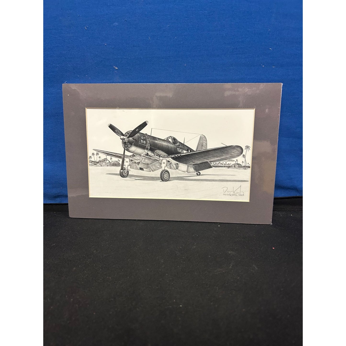 F4U Corsair Black & White Aviation Illustration Print By Don Koester Matted 11" x 14"