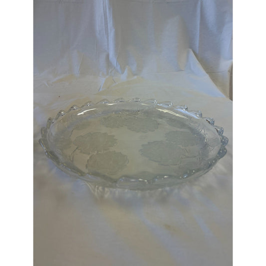 Vintage Clear Glass Pie Plate With Floral Etched Design & Scalloped Edges
