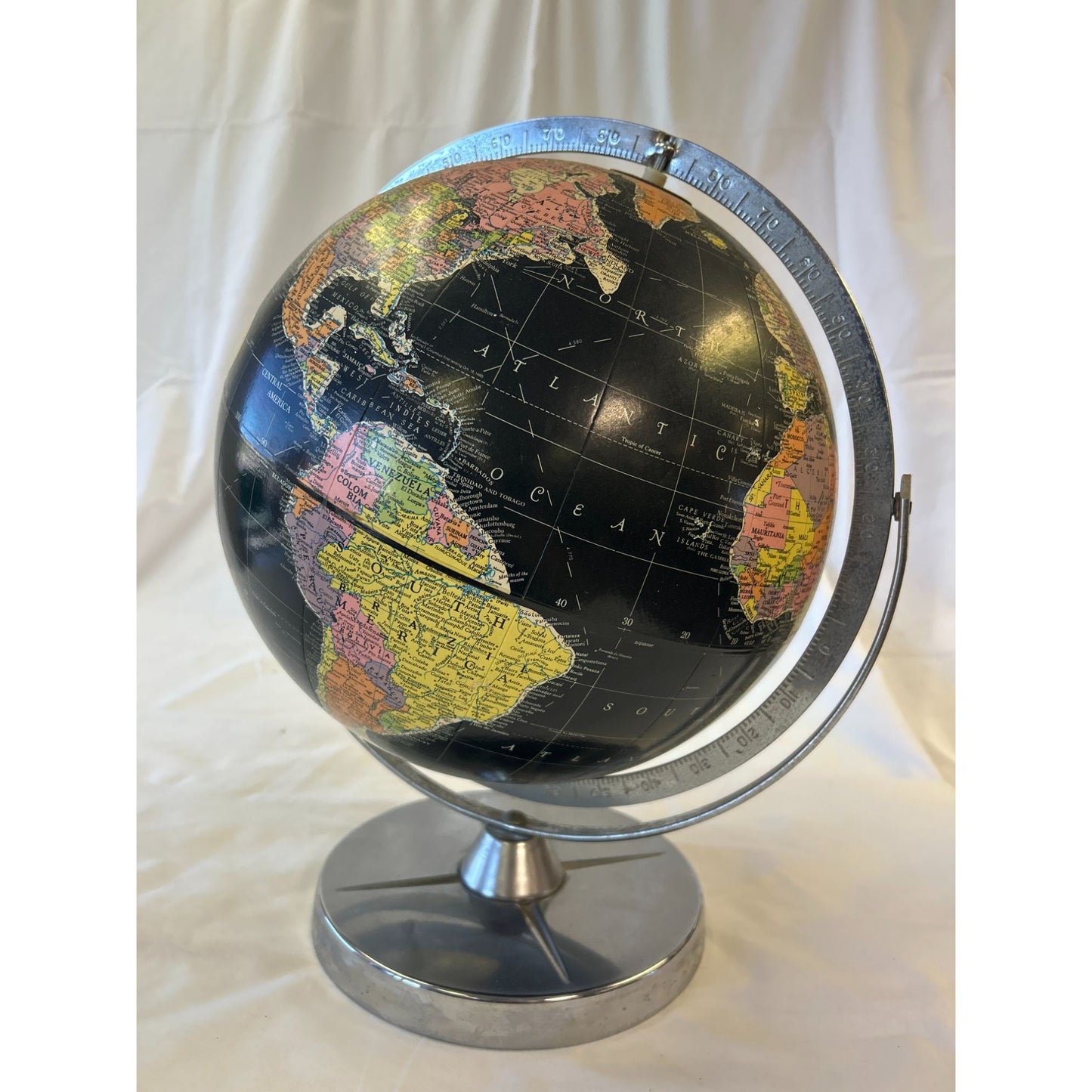 Vintage Replogle 12-Inch Black Ocean Globe With Metal Base & Latitude Scale