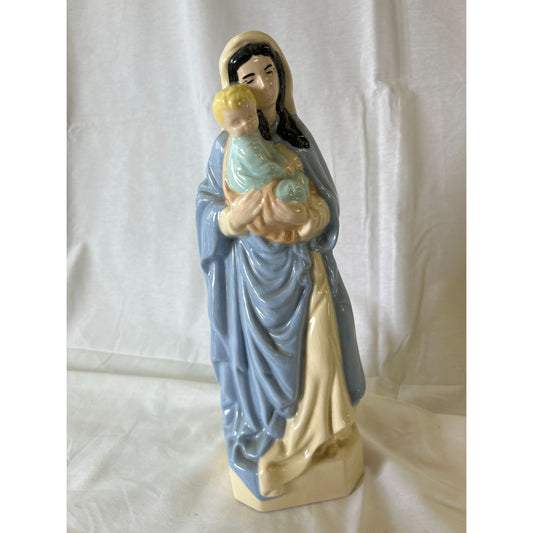 Vintage Ceramic Virgin Mary Holding Baby Jesus Figurine 15" Religious Decor Blue & Cream Colors