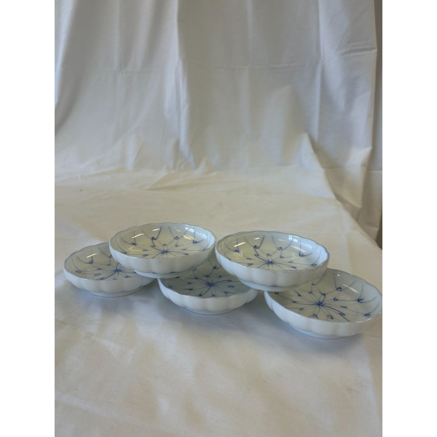 Set Of 5 Small White & Blue Floral Porcelain Dipping Bowls 3.5" Diameter