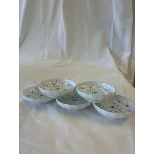 Set Of 5 Small White & Blue Floral Porcelain Dipping Bowls 3.5" Diameter