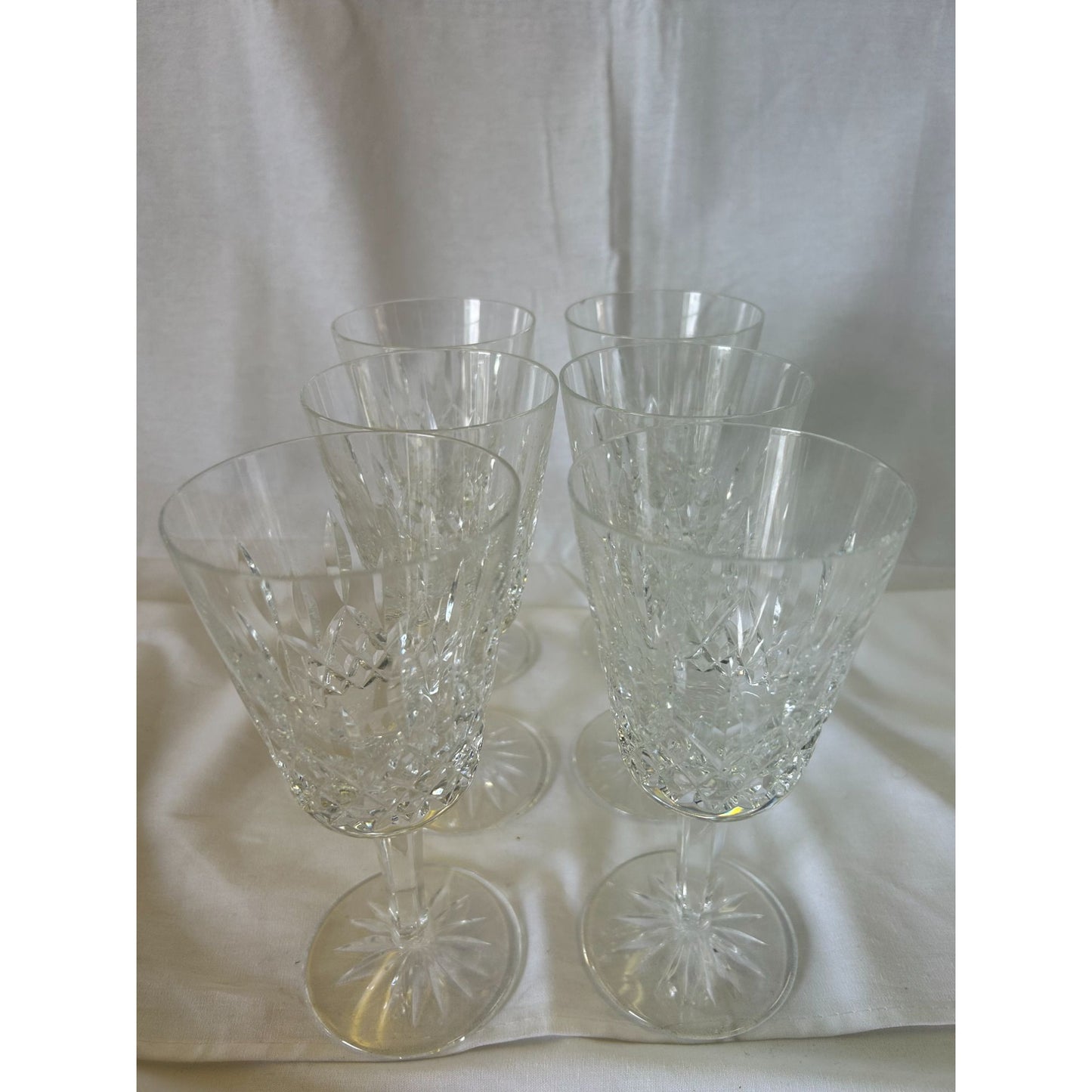 Set Of 6 Waterford Crystal Lismore Cut Glass Wine Goblets 6.25" Tall Elegant Design