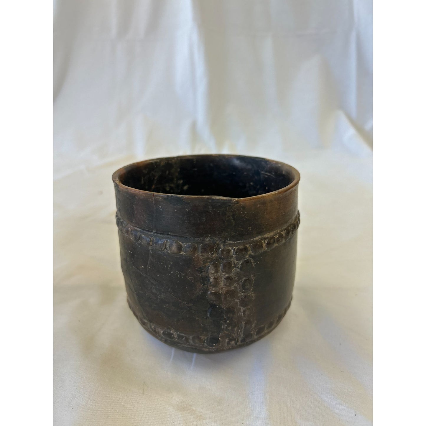 Handcrafted Vintage Brown Ceramic Cup With Detailed Embossed Design