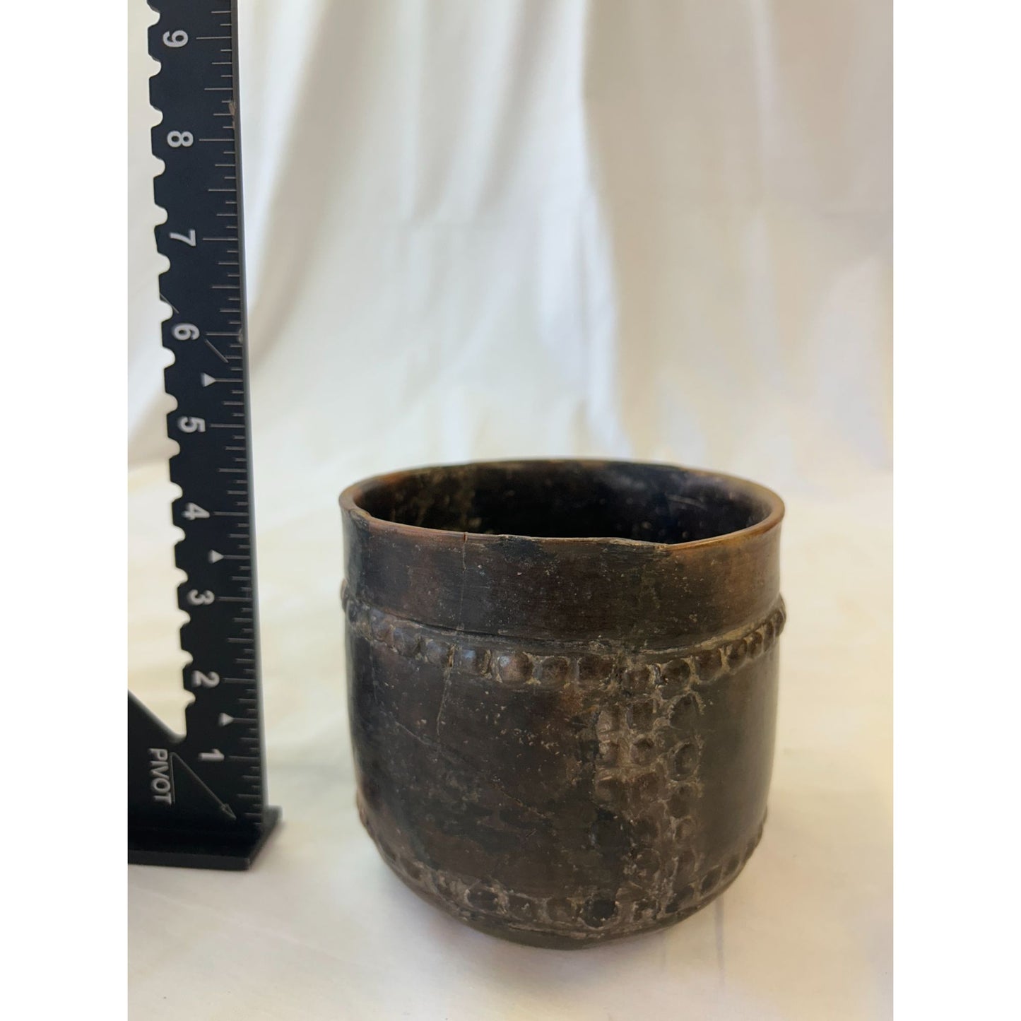 Handcrafted Vintage Brown Ceramic Cup With Detailed Embossed Design