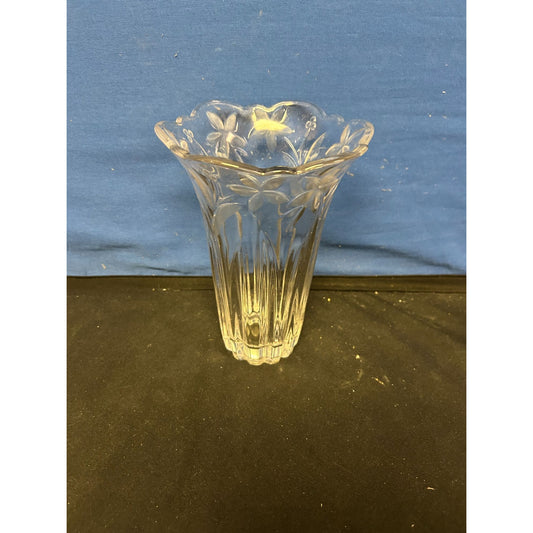 Vintage Clear Glass Floral Etched Vase 8" Tall Scalloped Edge Decorative Home Décor
