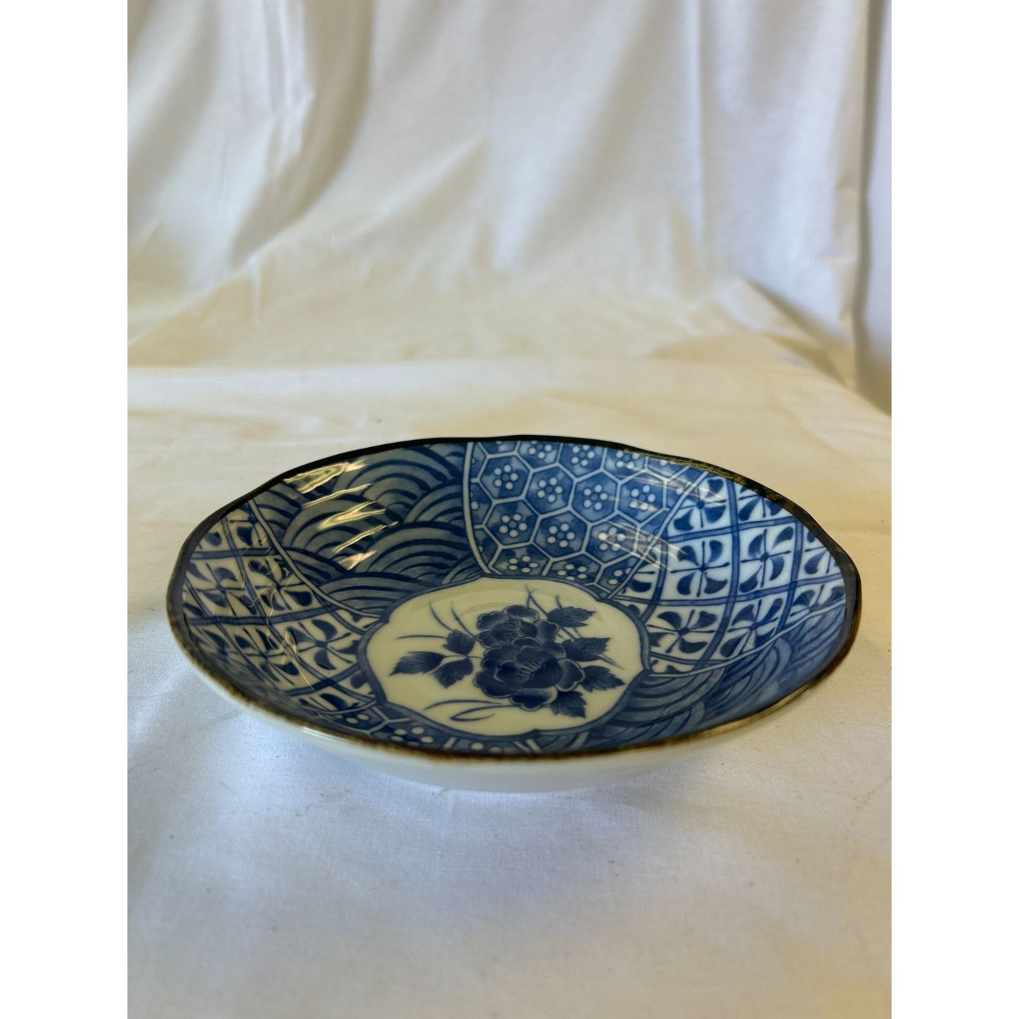 Vintage Japanese Blue & White Porcelain Bowl With Floral & Geometric Patterns