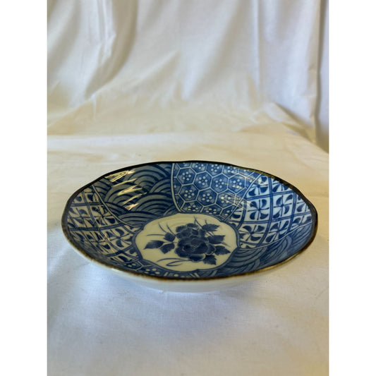 Vintage Japanese Blue & White Porcelain Bowl With Floral & Geometric Patterns