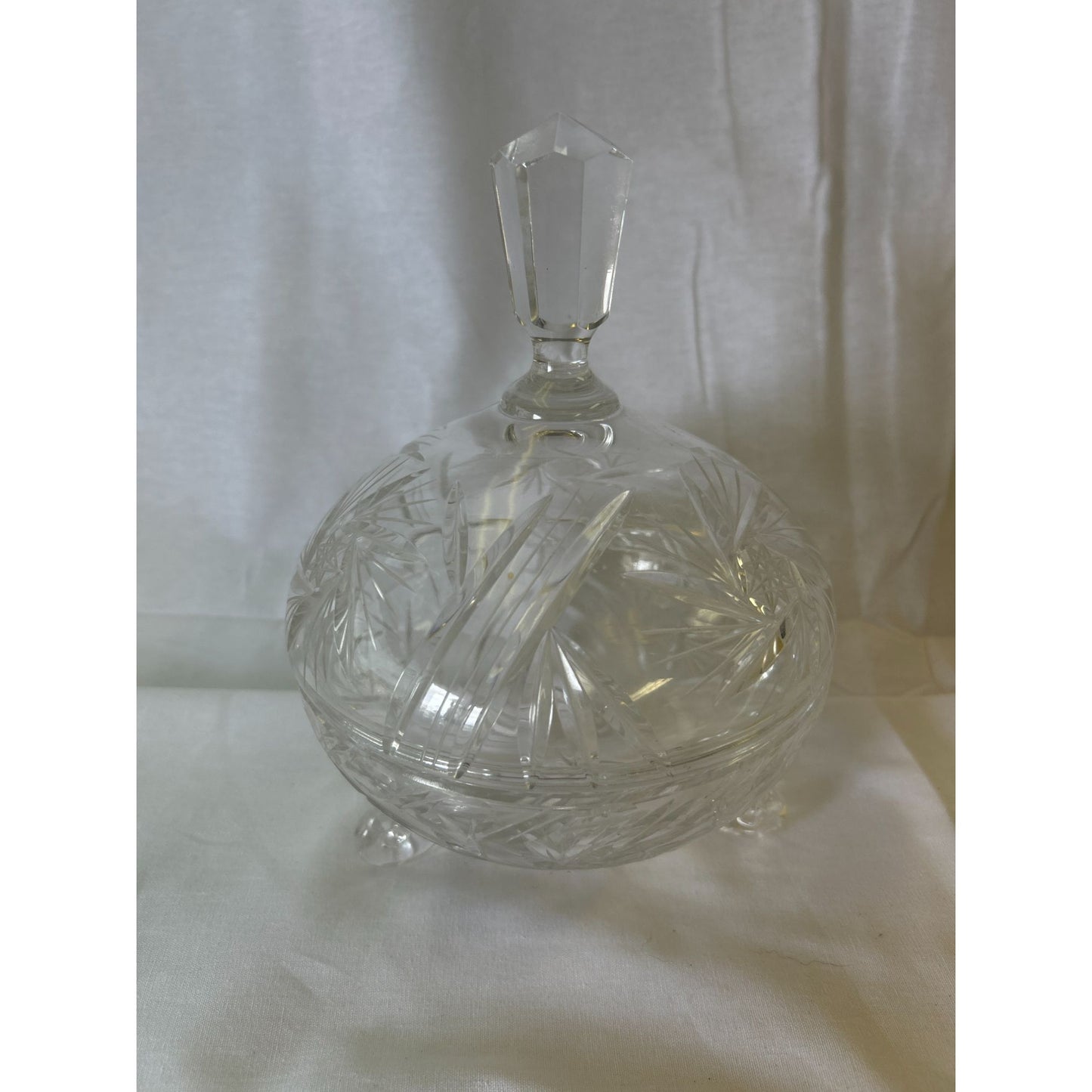 Vintage Crystal Lidded Candy Dish With Etched Starburst Design & Footed Base