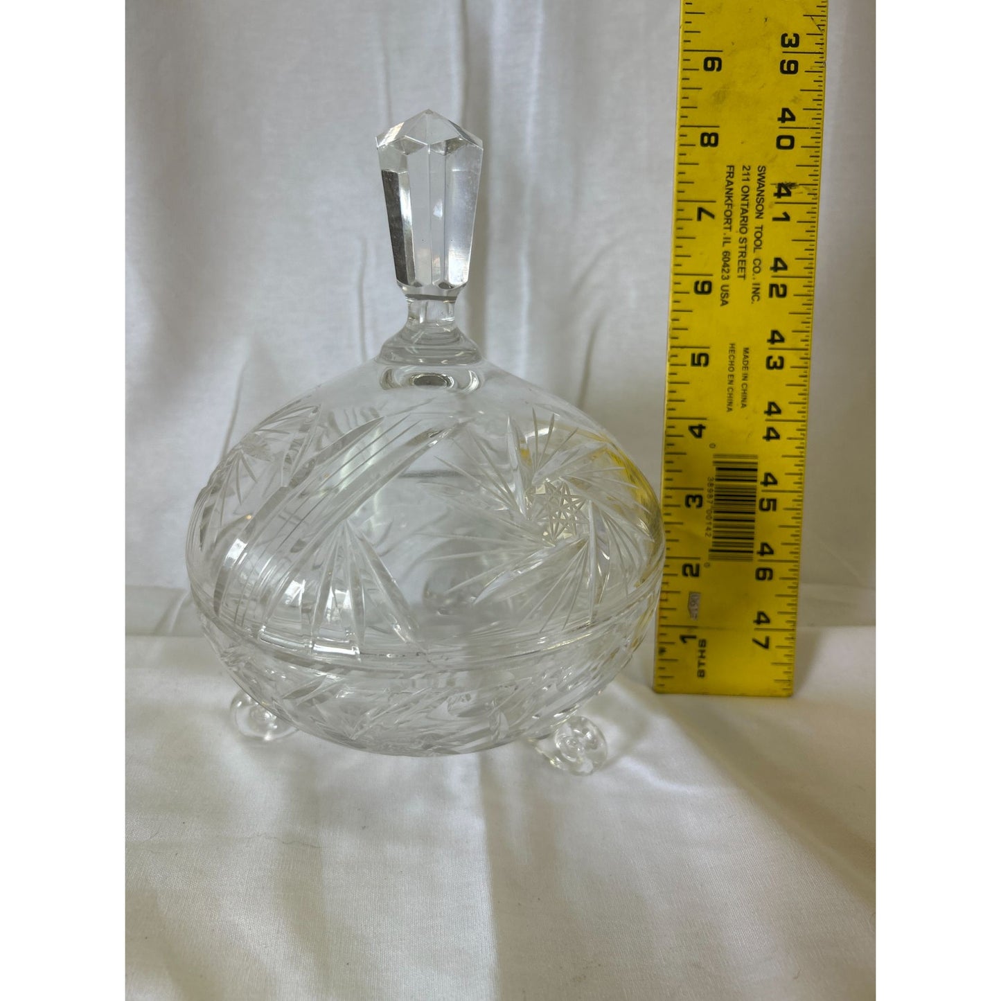 Vintage Crystal Lidded Candy Dish With Etched Starburst Design & Footed Base