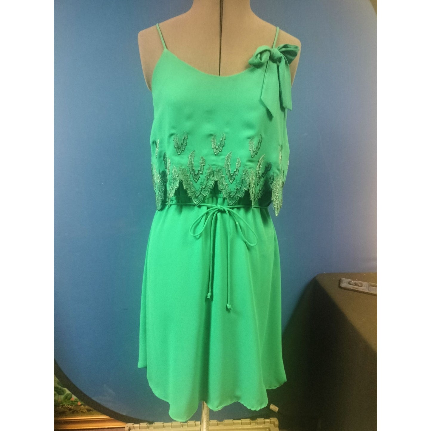 Green Sleeveless Spaghetti Strap Dress With Lace Overlay & Bow Detail By George S.