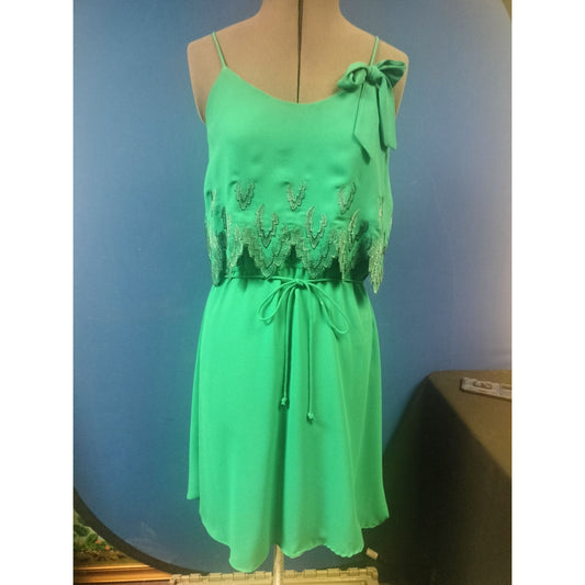 Green Sleeveless Spaghetti Strap Dress With Lace Overlay & Bow Detail By George S.