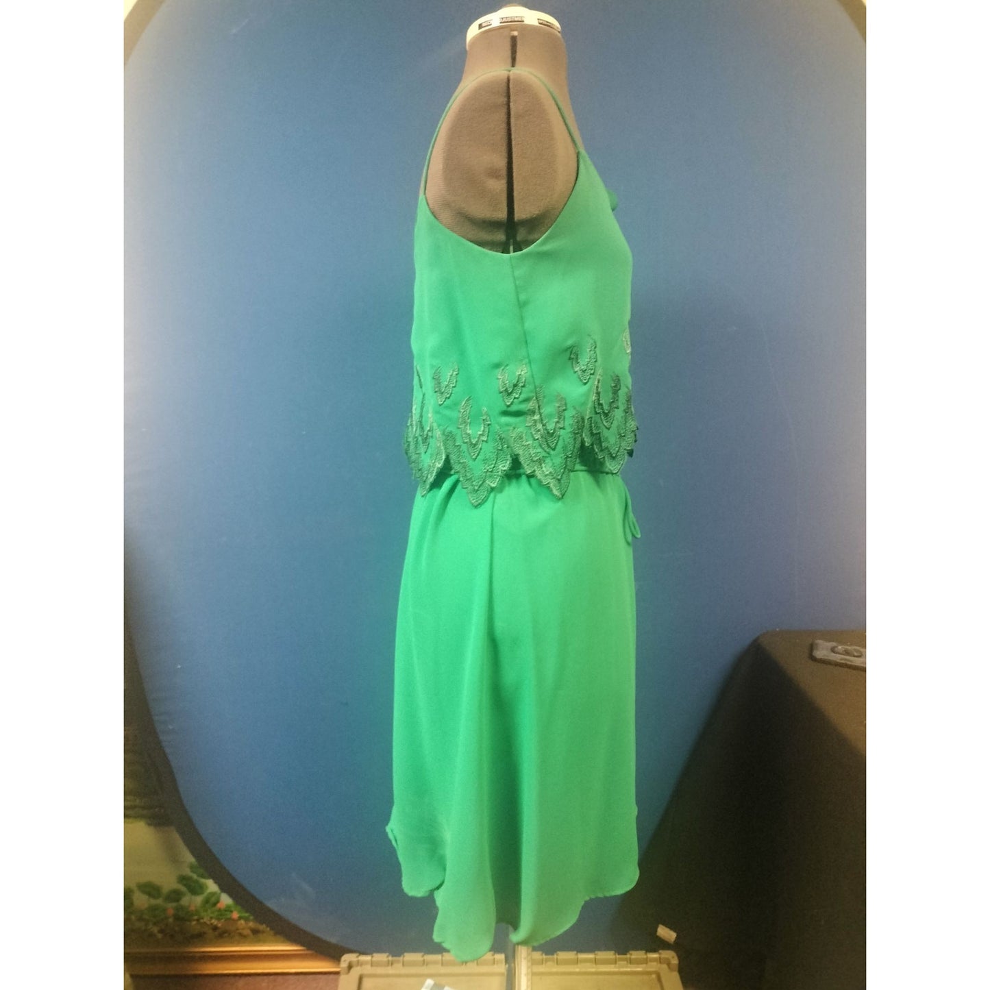 Green Sleeveless Spaghetti Strap Dress With Lace Overlay & Bow Detail By George S.