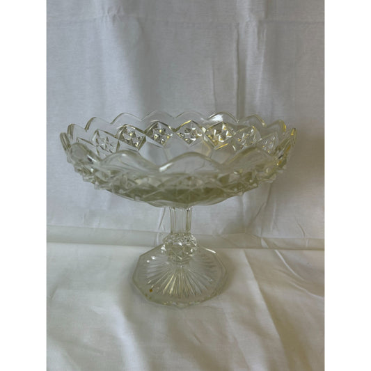 Vintage Crystal Glass Pedestal Compote Bowl With Starburst & Diamond Pattern