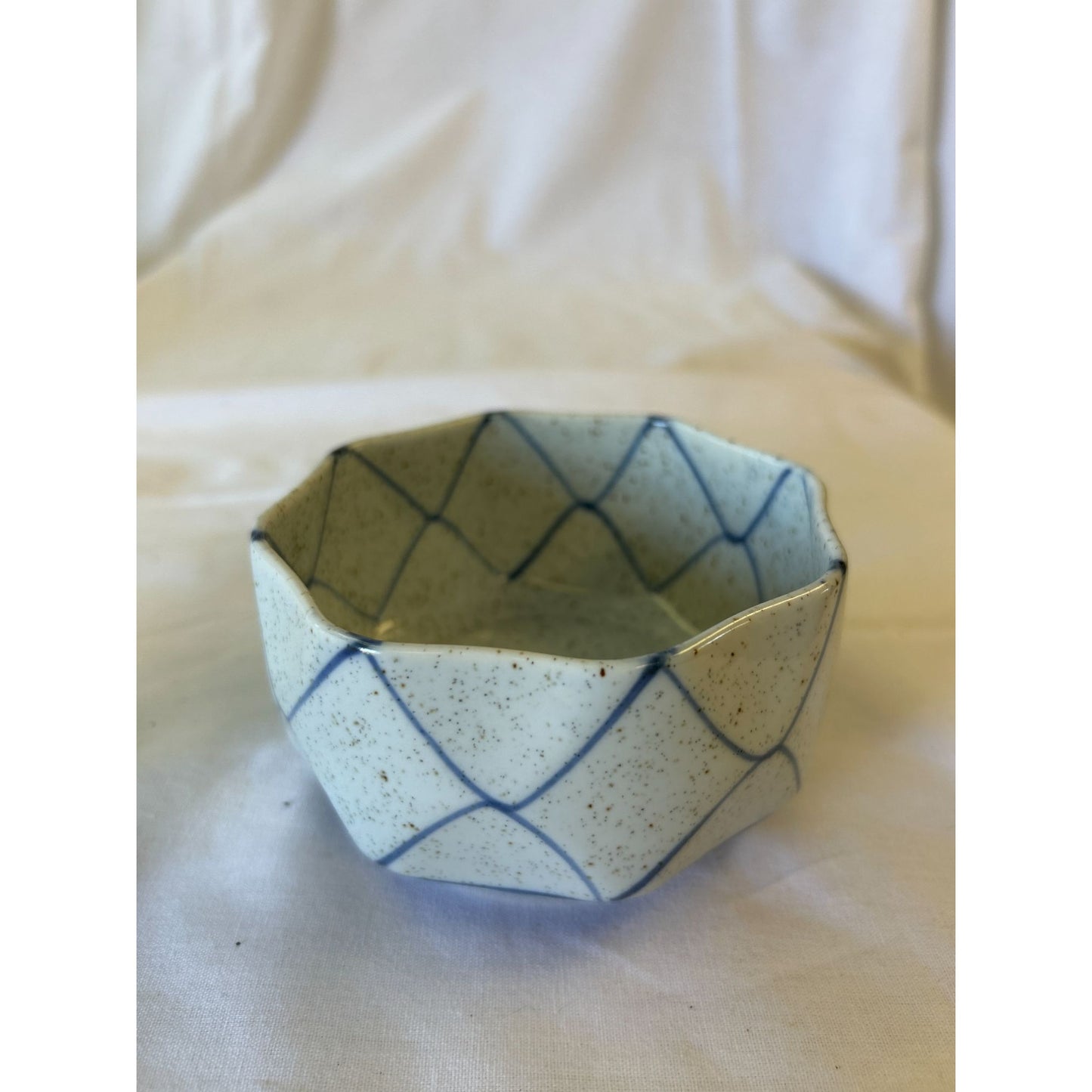Handcrafted Ceramic Octagonal Bowl With Blue Diamond Pattern
